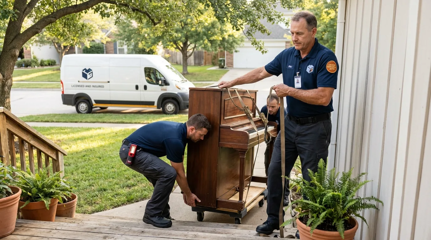 Licensed piano movers securing grand piano in Mattituck, NY