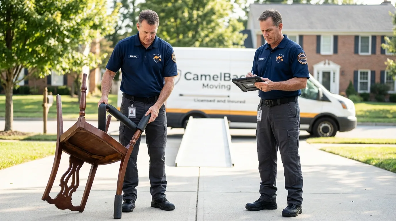 Movers inspecting furniture for damage prevention before loading in Mattituck, NY