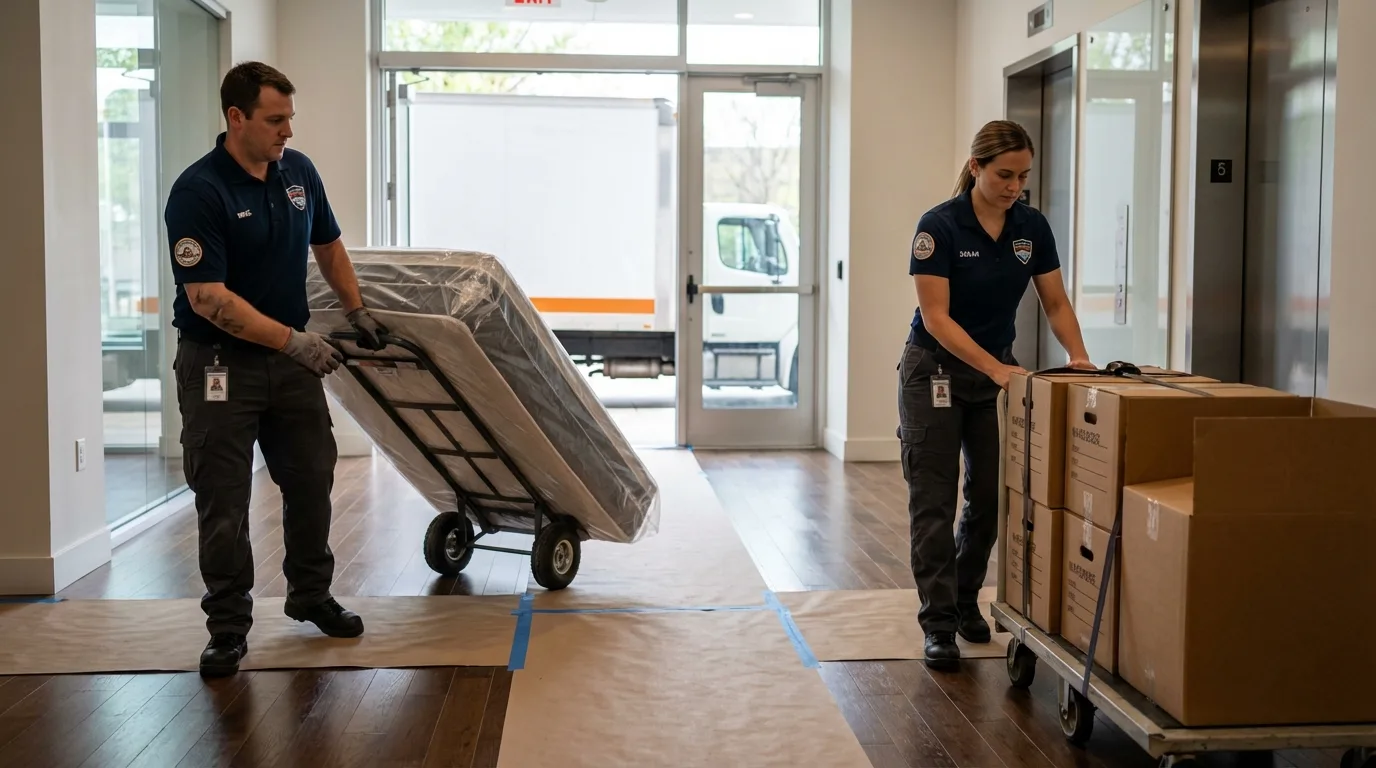 Professional apartment movers loading elevator in Mattituck, NY