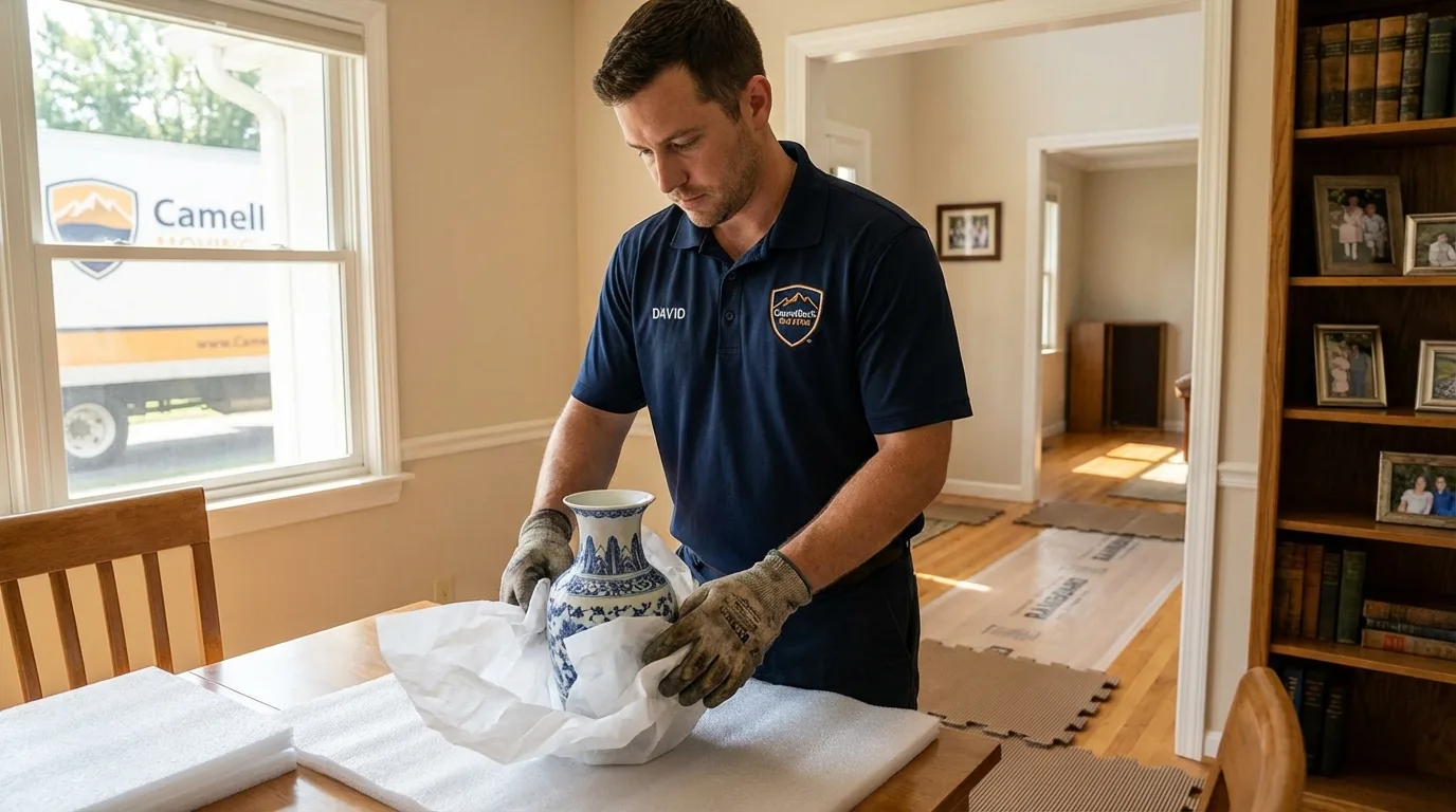 Professional crew carefully wrapping antique vase for senior downsizing move in Mattituck, NY