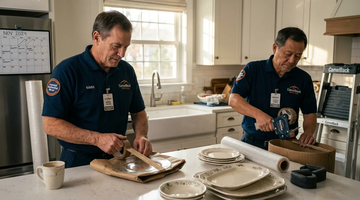 Professional crew packing kitchen dishware in Mattituck, NY